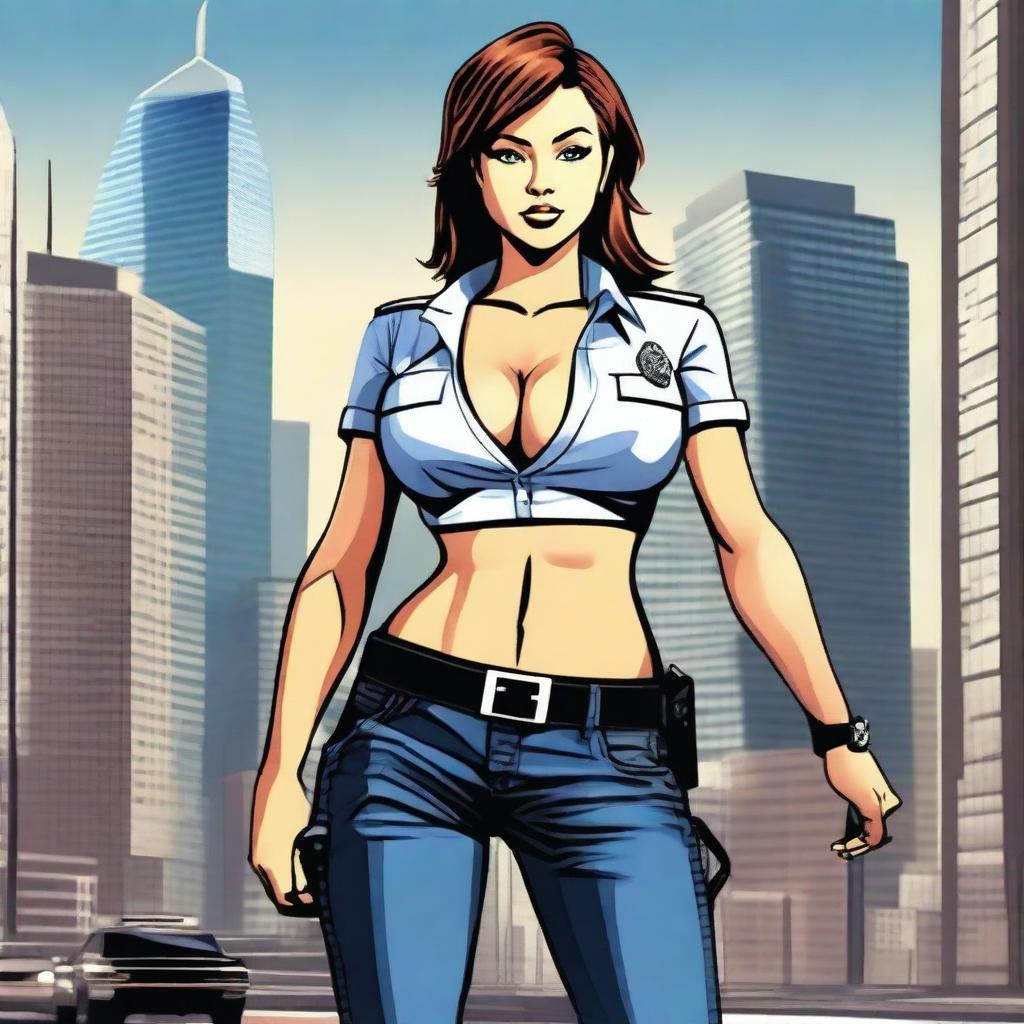 A sexy police girl wearing jeans and a half top, striking a confident pose