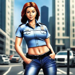 A sexy police girl wearing jeans and a half top, striking a confident pose