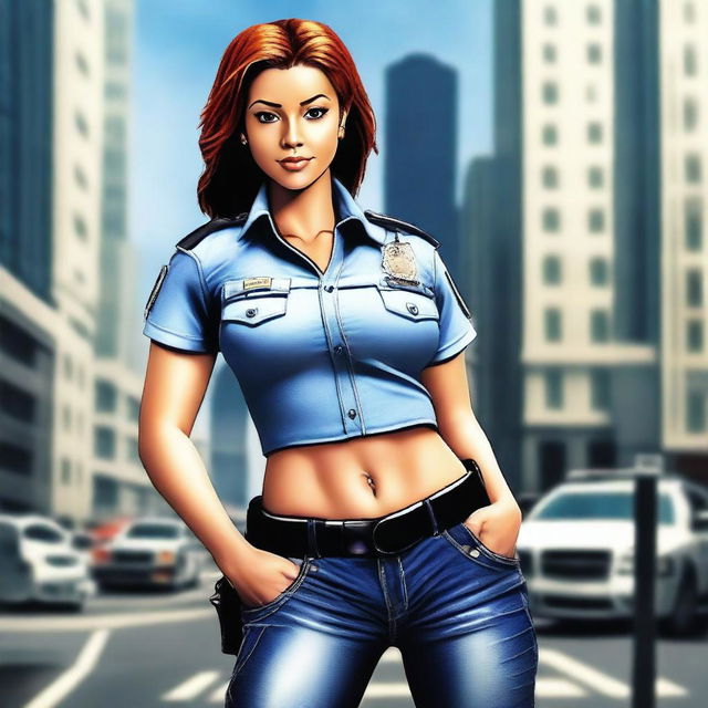 A sexy police girl wearing jeans and a half top, striking a confident pose