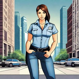 A sexy police girl wearing jeans and a half top, striking a confident pose