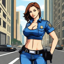 A sexy police girl wearing jeans and a half top, striking a confident pose