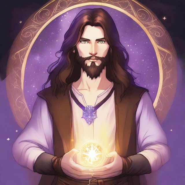 A detailed drawing of a white-skinned teen sorcerer with long brown hair, violet eyes, and a brown beard