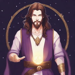 A detailed drawing of a white-skinned teen sorcerer with long brown hair, violet eyes, and a brown beard