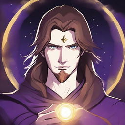 A detailed drawing of a white-skinned teen sorcerer with long brown hair, violet eyes, and a brown beard