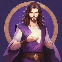 A detailed drawing of a white-skinned teen sorcerer with long brown hair, violet eyes, and a brown beard