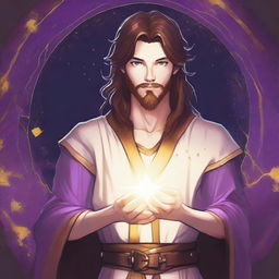 A detailed drawing of a white-skinned teen sorcerer with long brown hair, violet eyes, and a brown beard