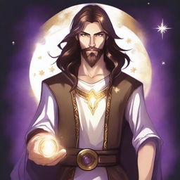 A detailed drawing of a white-skinned teen sorcerer with long brown hair, violet eyes, and a brown beard