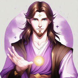 A detailed drawing of a white-skinned teen sorcerer with long brown hair, violet eyes, and a brown beard