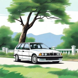 A detailed illustration of a BMW E36 station wagon, showcasing its sleek design and classic features