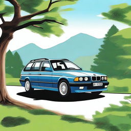 A detailed illustration of a BMW E36 station wagon, showcasing its sleek design and classic features