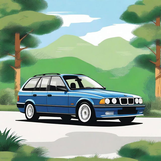 A detailed illustration of a BMW E36 station wagon, showcasing its sleek design and classic features