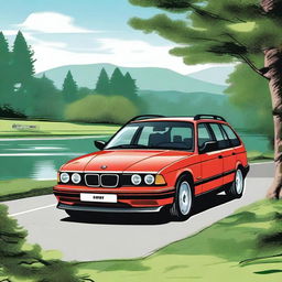 A detailed illustration of a BMW E36 station wagon, showcasing its sleek design and classic features