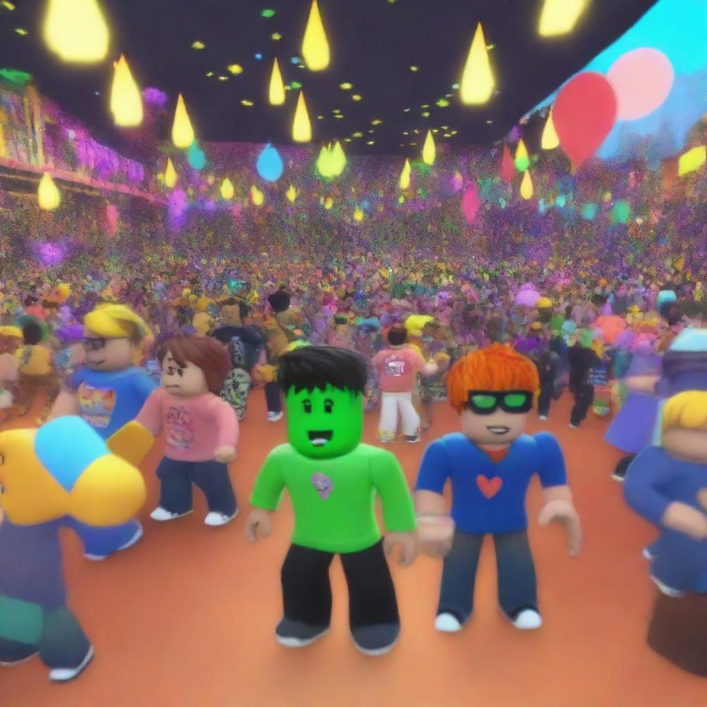 A vibrant and exciting Friday night party scene featuring characters from the Roblox universe