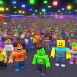 A vibrant and exciting Friday night party scene featuring characters from the Roblox universe