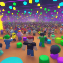 A vibrant and exciting Friday night party scene featuring characters from the Roblox universe