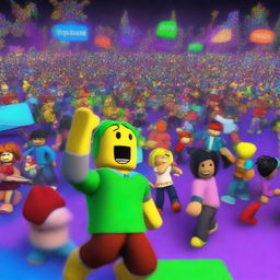 A vibrant and exciting Friday night party scene featuring characters from the Roblox universe