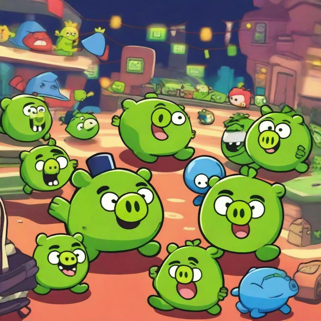 A lively Friday night party featuring characters from the game Bad Piggies