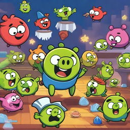 A lively Friday night party featuring characters from the game Bad Piggies