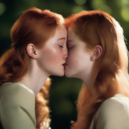 A beautiful 20-year-old slender redhead kissing a 40-year-old chubby blonde