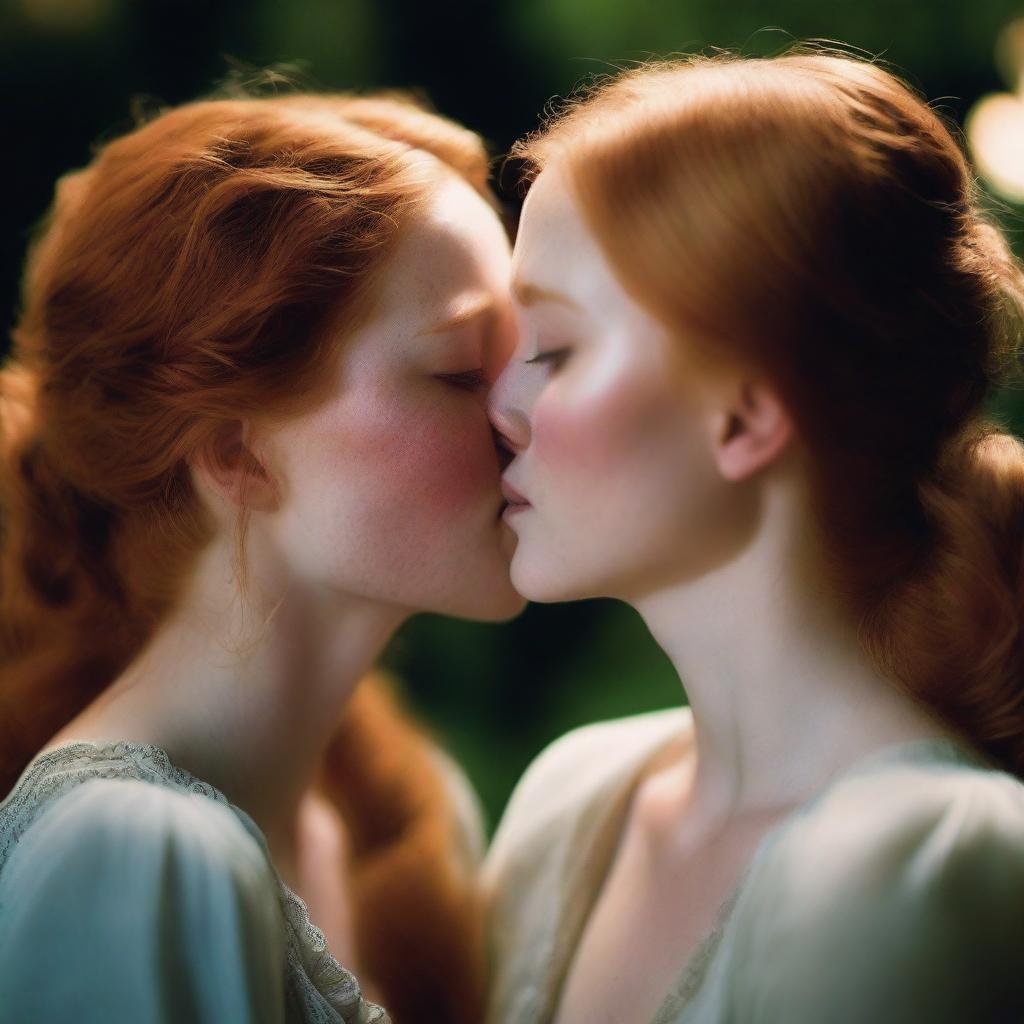 A beautiful 20-year-old slender redhead kissing a 40-year-old chubby blonde