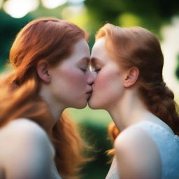 A beautiful 20-year-old slender redhead kissing a 40-year-old chubby blonde