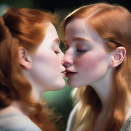 A beautiful 20-year-old slender redhead kissing a 40-year-old chubby blonde