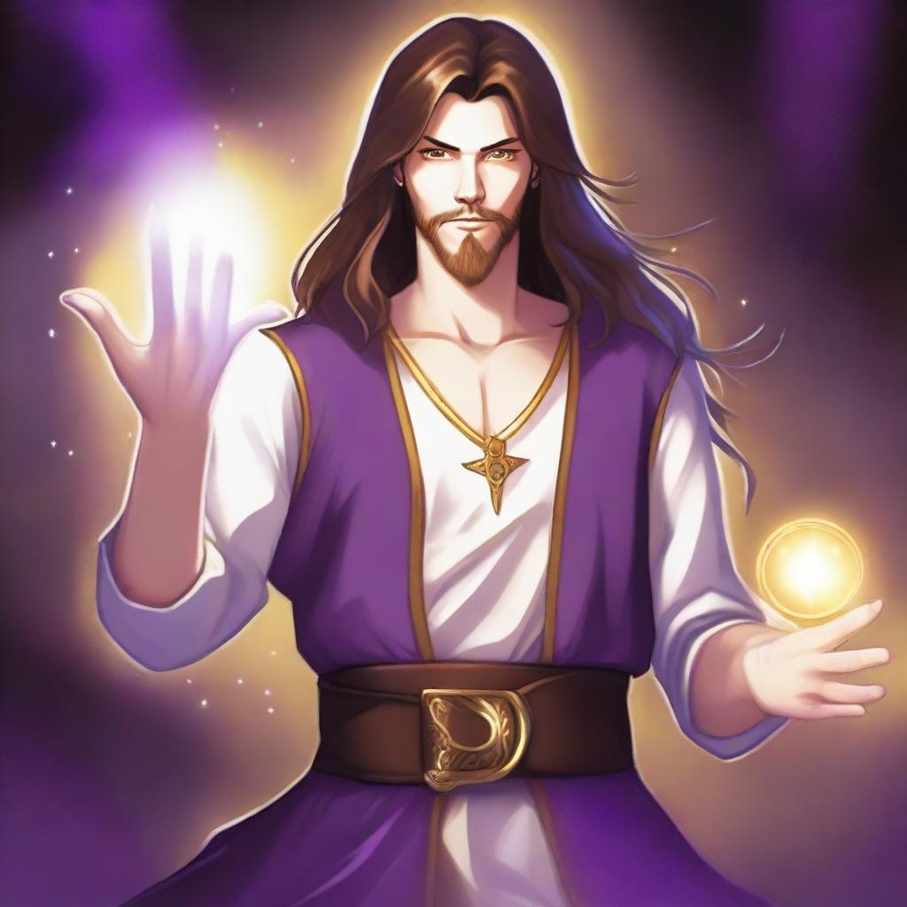 A detailed drawing of a white-skinned teen sorcerer with long brown hair, violet eyes, and a brown beard