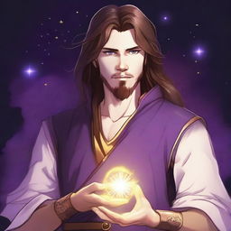 A detailed drawing of a white-skinned teen sorcerer with long brown hair, violet eyes, and a brown beard