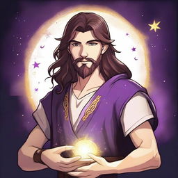 A detailed drawing of a white-skinned teen sorcerer with long brown hair, violet eyes, and a brown beard