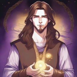 A detailed drawing of a white-skinned teen sorcerer with long brown hair, violet eyes, and a brown beard