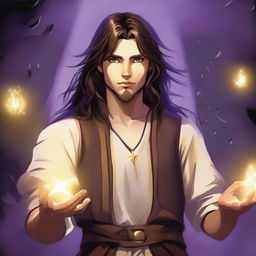 A teenage sorcerer with long brown hair, violet eyes, and a brown beard