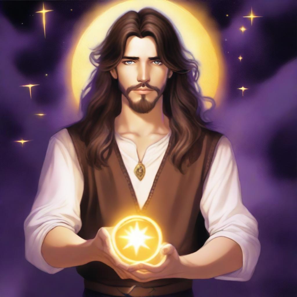 A teenage sorcerer with long brown hair, violet eyes, and a brown beard