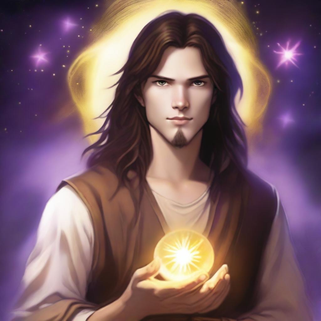 A teenage sorcerer with long brown hair, violet eyes, and a brown beard