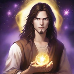 A teenage sorcerer with long brown hair, violet eyes, and a brown beard