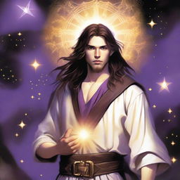 A teenage sorcerer with long brown hair, violet eyes, and a brown beard