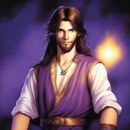 A teenage sorcerer with long brown hair, violet eyes, and a brown beard