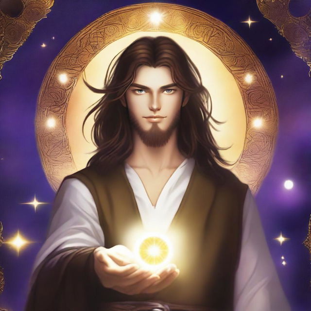 A teenage sorcerer with long brown hair, violet eyes, and a brown beard