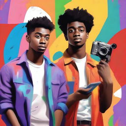 Create a book cover featuring two young men, one a filmmaker and the other a painter