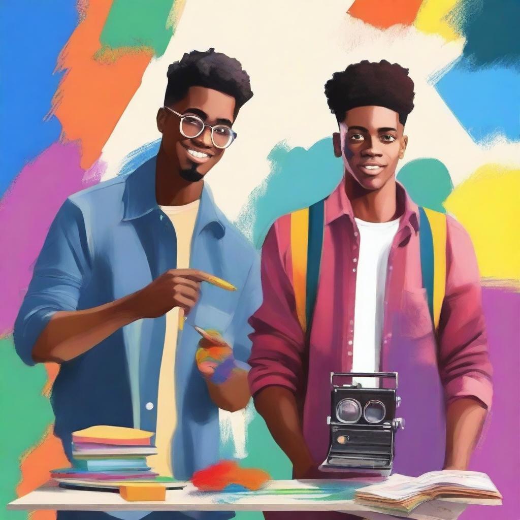 Create a book cover featuring two young men, one a filmmaker and the other a painter