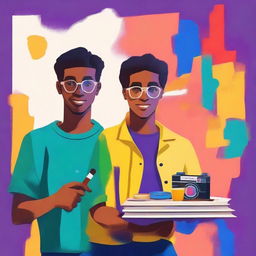 Create a book cover featuring two young men, one a filmmaker and the other a painter