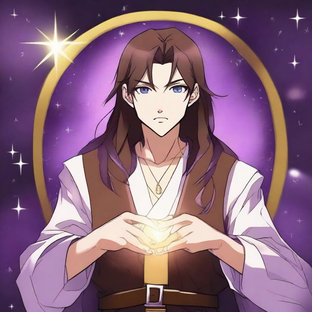 An anime-style drawing of a white-skinned teen sorcerer with long brown hair, violet eyes, and a brown beard