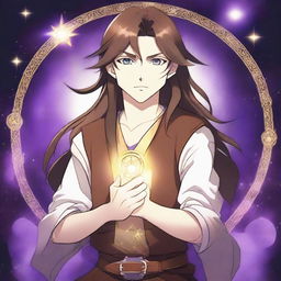 An anime-style drawing of a white-skinned teen sorcerer with long brown hair, violet eyes, and a brown beard