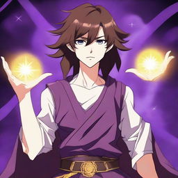 An anime-style drawing of a white-skinned teen sorcerer with long brown hair, violet eyes, and a brown beard