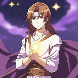 An anime-style drawing of a white-skinned teen sorcerer with long brown hair, violet eyes, and a brown beard