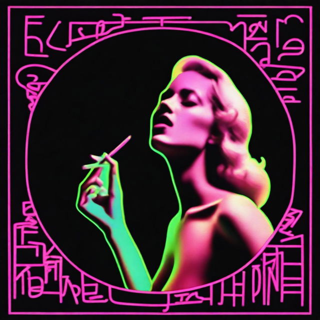 Create a song cover with a black background featuring the neon outline of a naked woman smoking a cigarette in the center