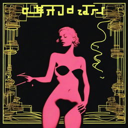 Create a song cover with a black background featuring the neon outline of a naked woman smoking a cigarette in the center