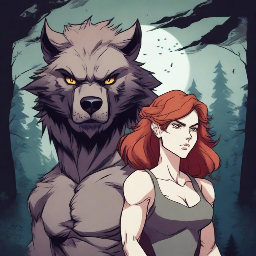 A male werewolf standing protectively beside a human female with red hair and brown eyes