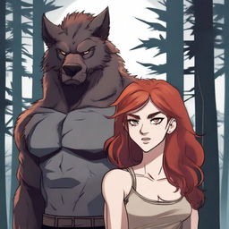 A male werewolf standing protectively beside a human female with red hair and brown eyes