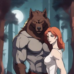 A male werewolf standing protectively beside a human female with red hair and brown eyes