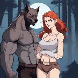 A male werewolf standing protectively beside a human female with red hair and brown eyes